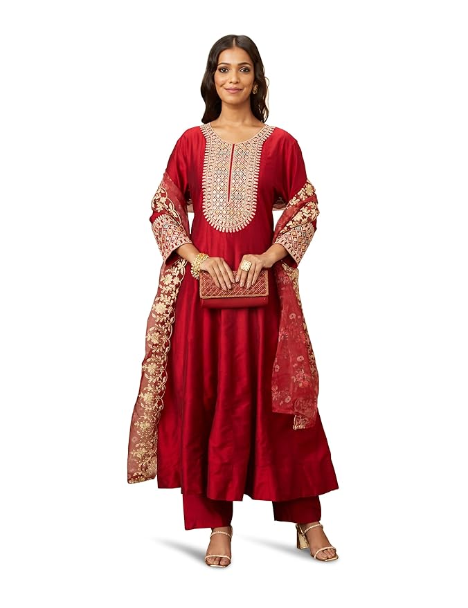 Women's Solid Straight Embroidered Kurta Pant Set with Organza Dupatta