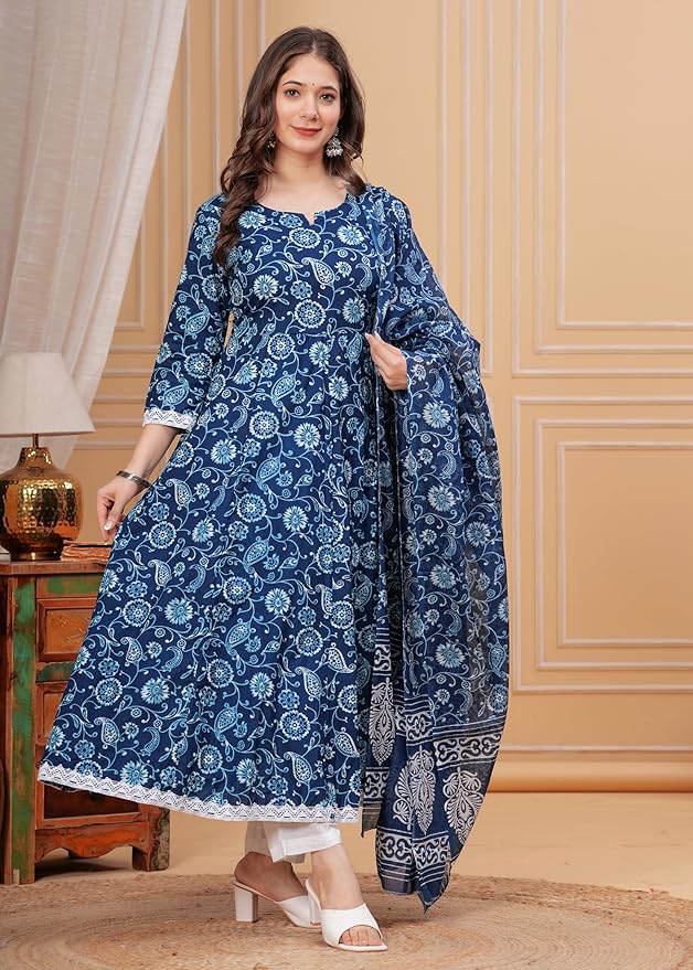 Women's Cotton Printed Anarkali Kurta with Palazzo & Dupatta Set