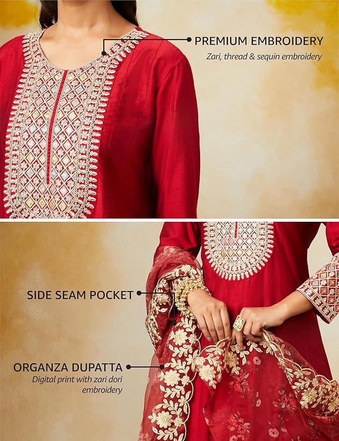 Women's Solid Straight Embroidered Kurta Pant Set with Organza Dupatta