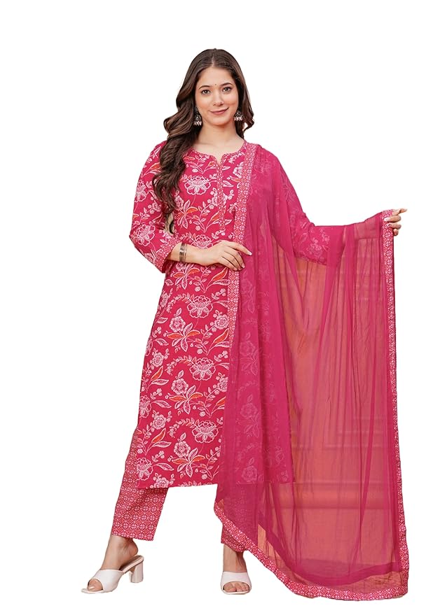 Floral Printed Pure Cotton Kurta With Palazzo & Dupatta