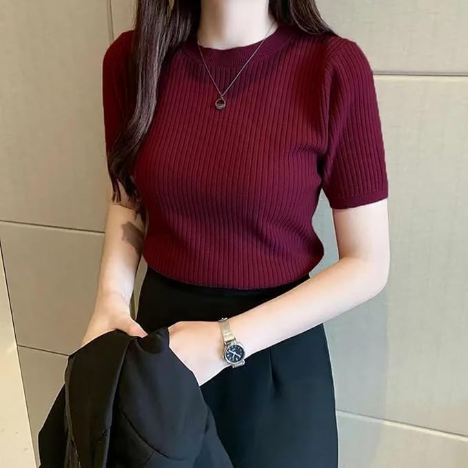 Slim Fit Plain Stretchable Round Neck Rib Knit Short Sleeve Regular Top for Women
