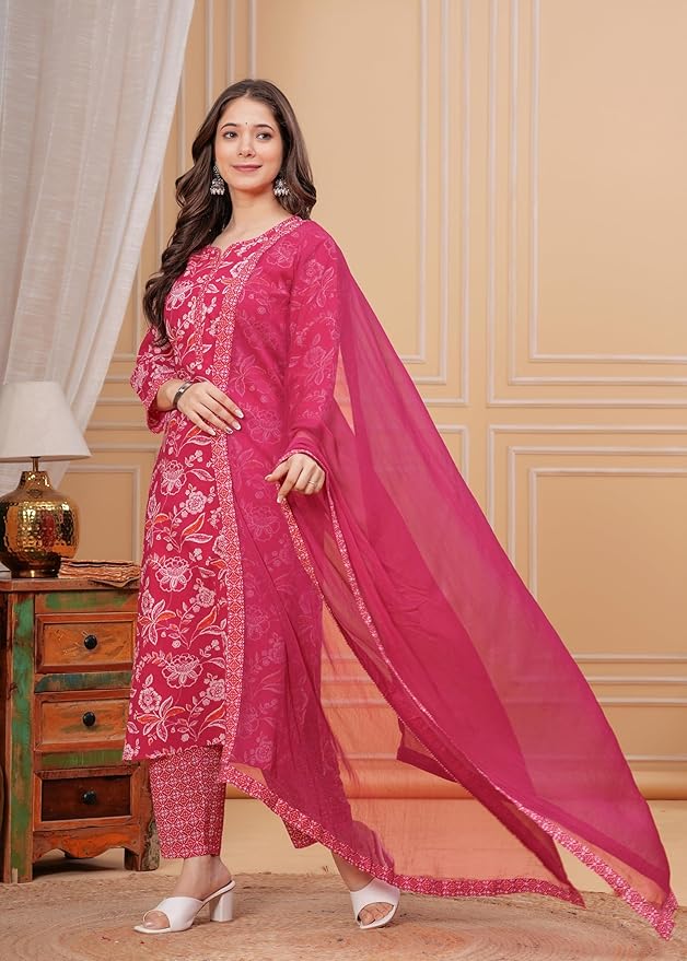 Floral Printed Pure Cotton Kurta With Palazzo & Dupatta