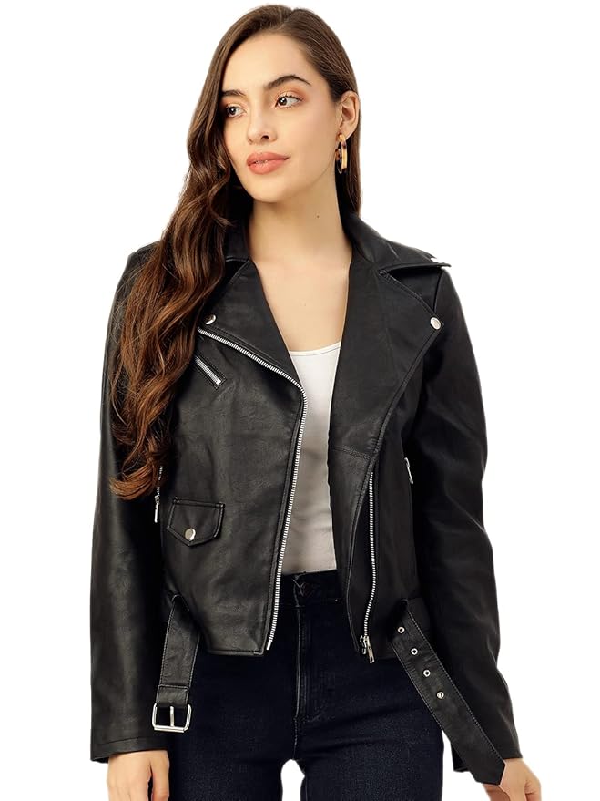 Full Sleeve Black Solid Jacket for Woman's Biker Style
