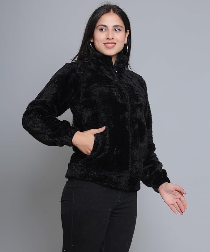 Women Stylish Fur Jacket, Winter Wear Jacket, Winter Wear Sweatshirt, Collared Neck Jacket with Front Zipper Closure