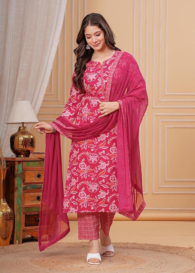Floral Printed Pure Cotton Kurta With Palazzo & Dupatta