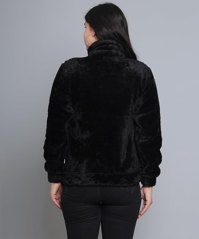 Women Stylish Fur Jacket, Winter Wear Jacket, Winter Wear Sweatshirt, Collared Neck Jacket with Front Zipper Closure