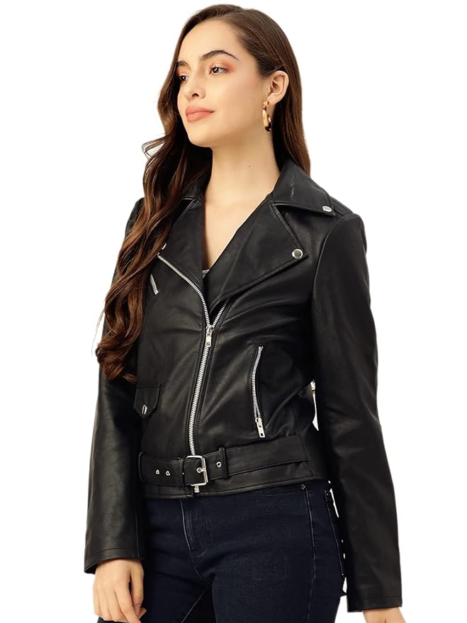 Full Sleeve Black Solid Jacket for Woman's Biker Style