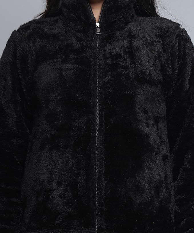 Women Stylish Fur Jacket, Winter Wear Jacket, Winter Wear Sweatshirt, Collared Neck Jacket with Front Zipper Closure