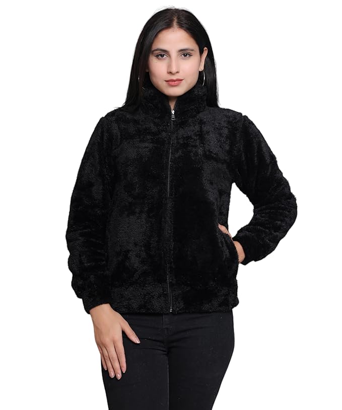 Women Stylish Fur Jacket, Winter Wear Jacket, Winter Wear Sweatshirt, Collared Neck Jacket with Front Zipper Closure