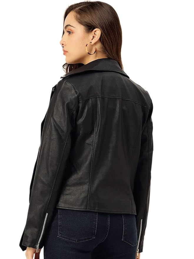 Full Sleeve Black Solid Jacket for Woman's Biker Style