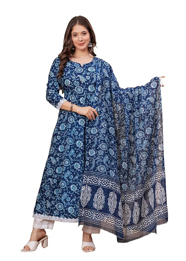 Women's Cotton Printed Anarkali Kurta with Palazzo & Dupatta Set